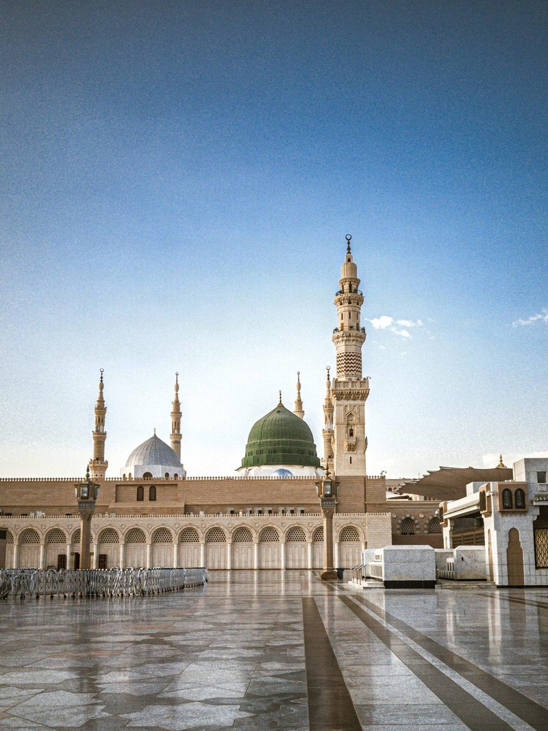 The green dome and minarets of Al-Masjid an-Nabawi, the Prophet's Mosque in Madinah